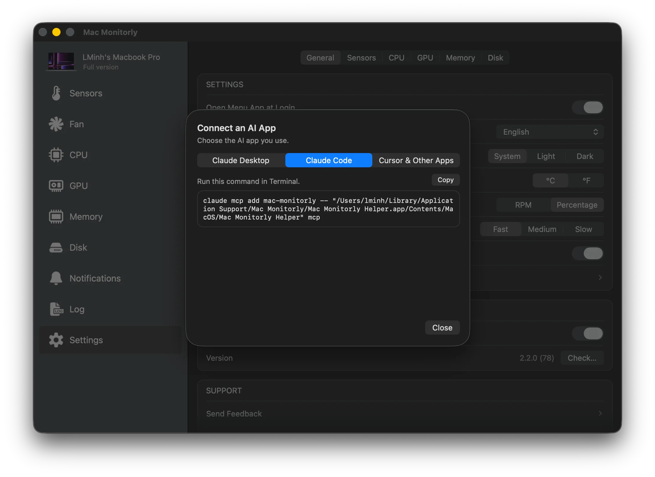 Mac Monitorly“连接 AI 应用”面板中的 Claude Code MCP 命令