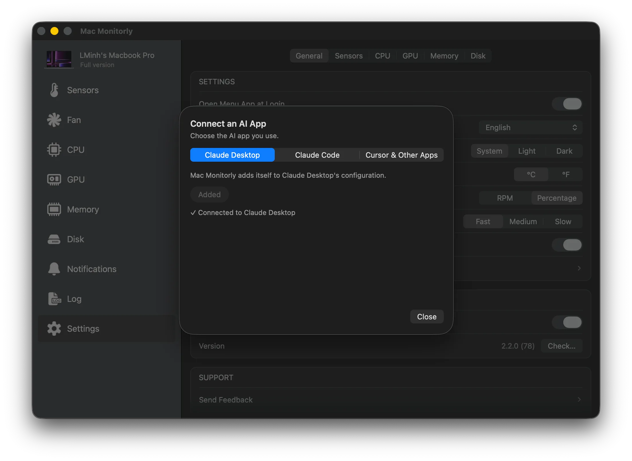 Mac Monitorly“连接 AI 应用”面板中已连接的 Claude Desktop MCP