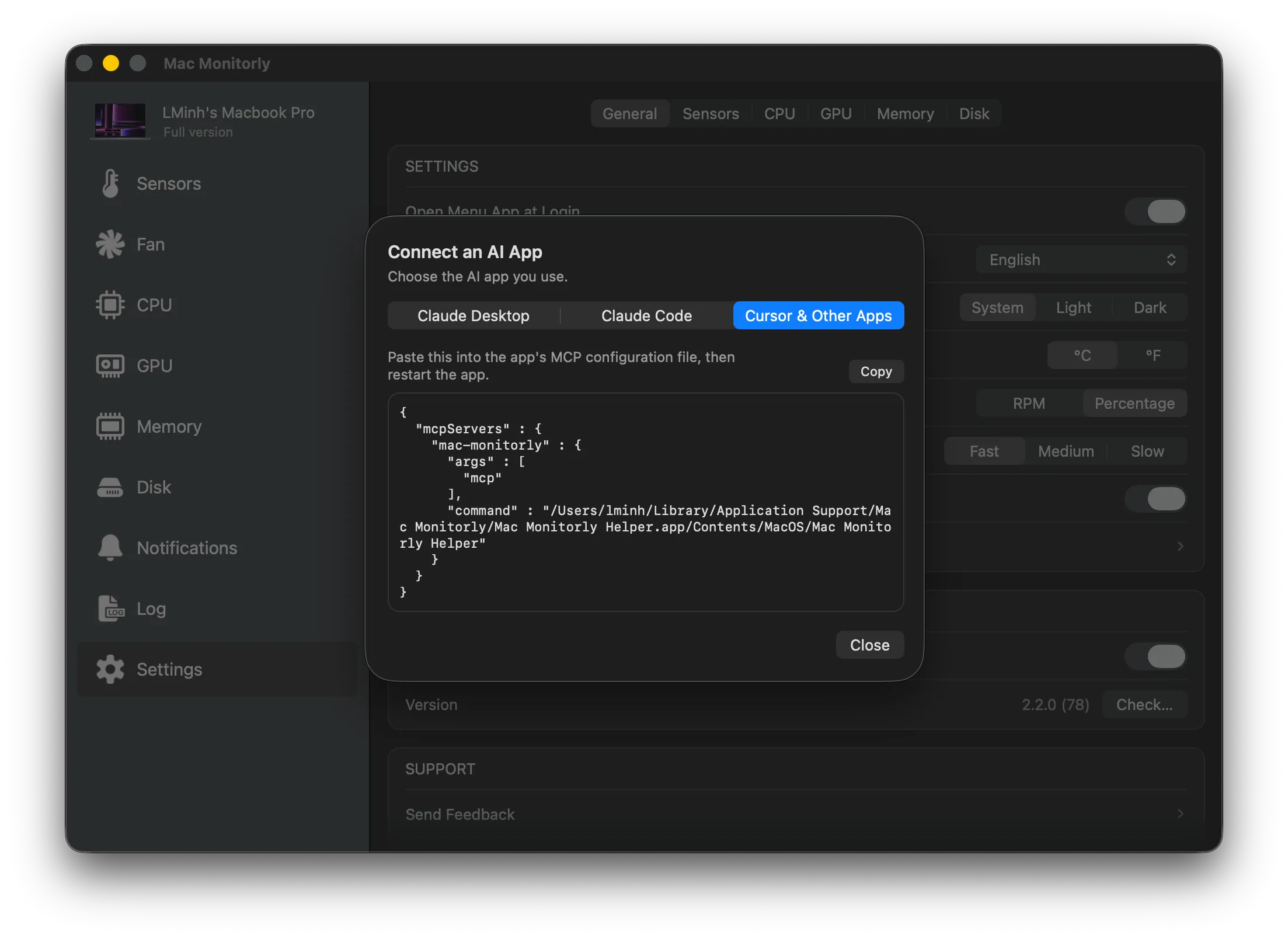 Mac Monitorly 中适用于 Cursor 及其他 AI 应用的 MCP 配置 JSON