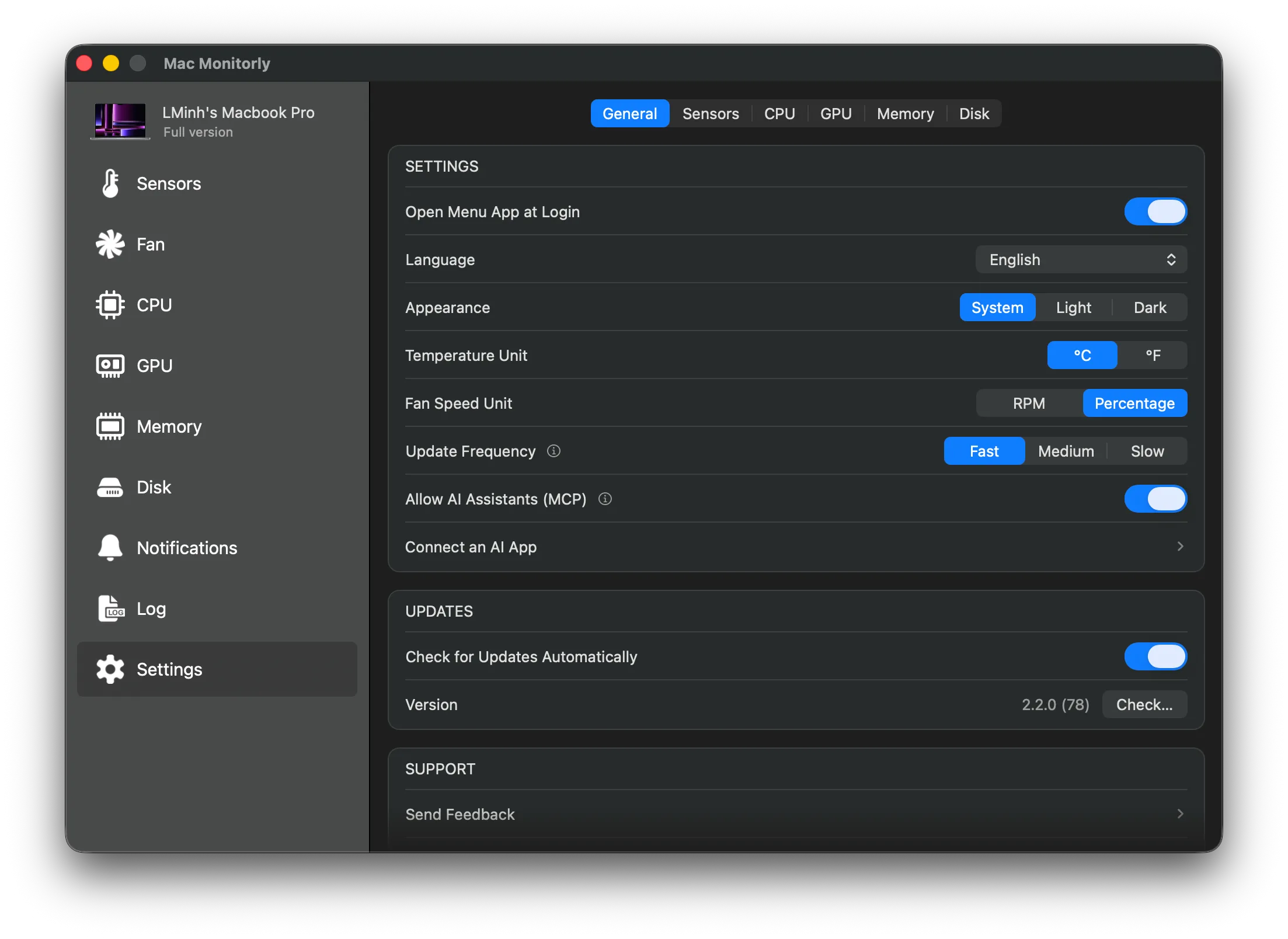 Mac Monitorly 设置中的“允许 AI 助手 (MCP)”开关，设置 Mac 版 MCP 服务器的第一步